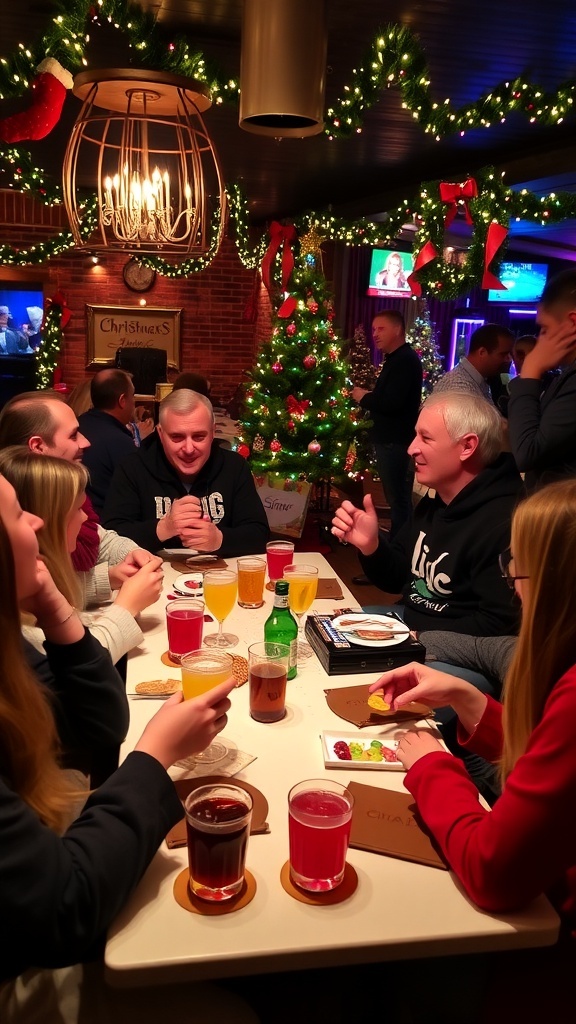 Guests enjoying Christmas party bar games with festive decorations and snacks.
